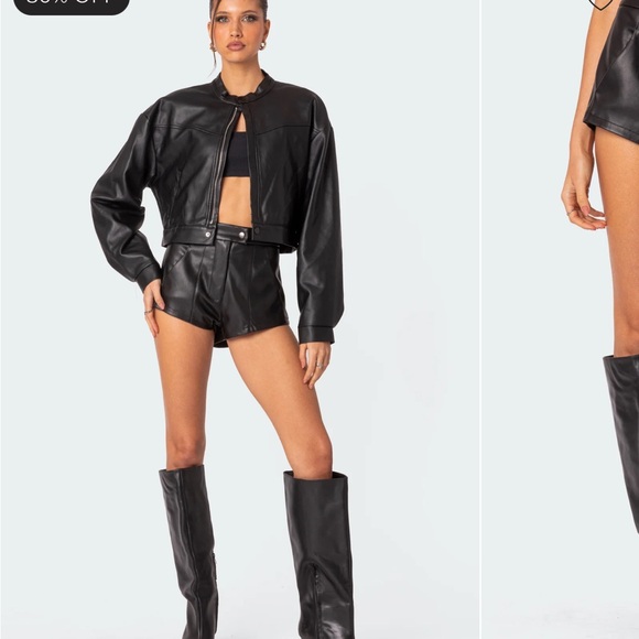 Edikted Pants - Black Faux Leather High-Rise Micro Shorts